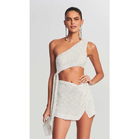 Retrofete Quinn Sequin Top in White Size XXS One Shoulder Crop NWT Beading - Picture 1 of 12